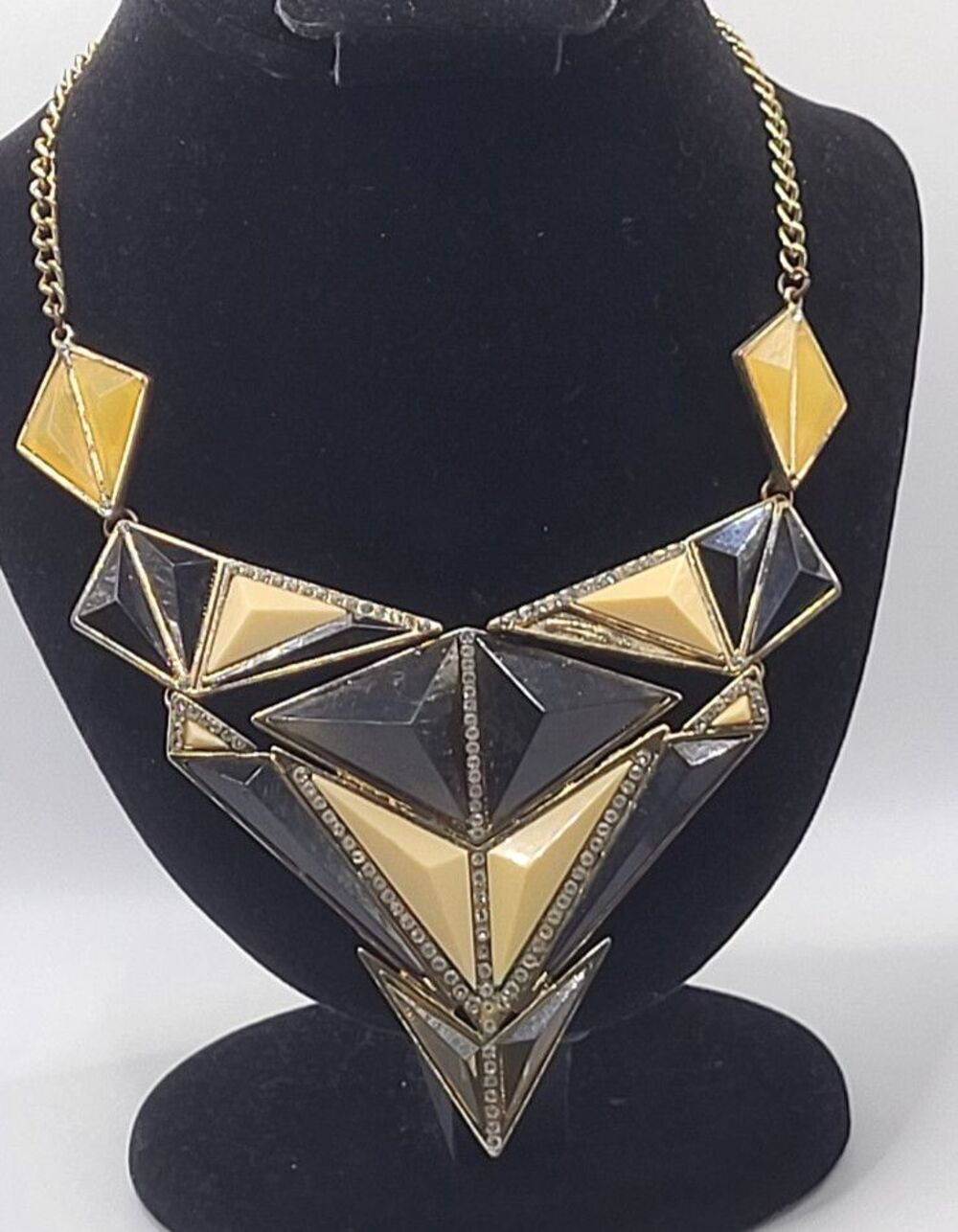 Art Deco Ivory and Black Geometric Bib Necklace 22in